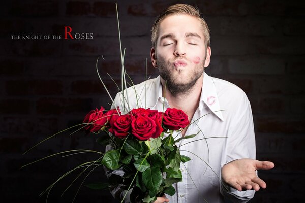 A man with roses is waiting for a kiss