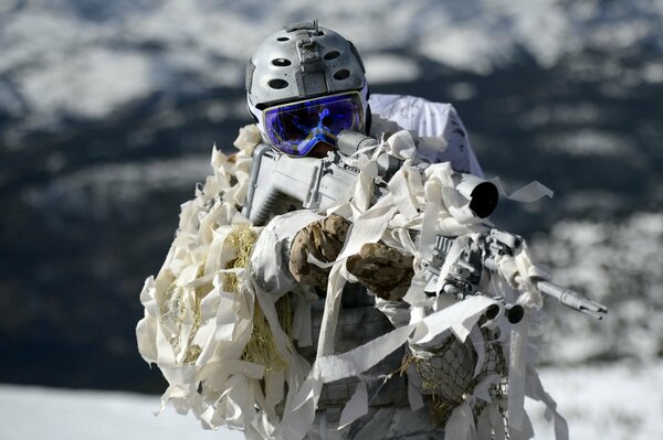 A soldier with a weapon in a camouflage suit