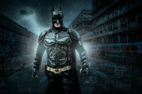 Batman in the rain on the background of the city