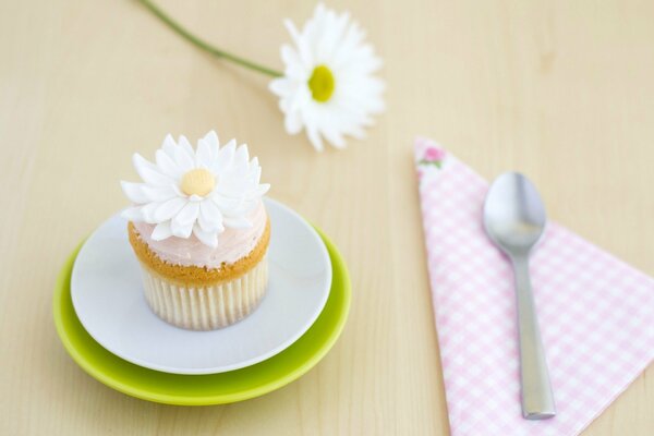 Cupcake with cream and chamomile decor