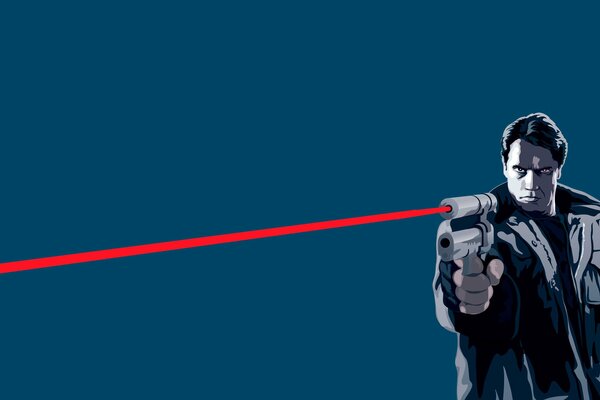 Arnold Schwarzenegger tiene in mano una pistola con un laser