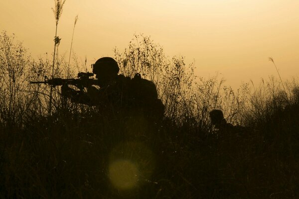 Silhouettes de soldats tirant sur le terrain