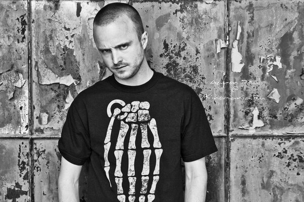 Black and white image of actor Aaron Paul