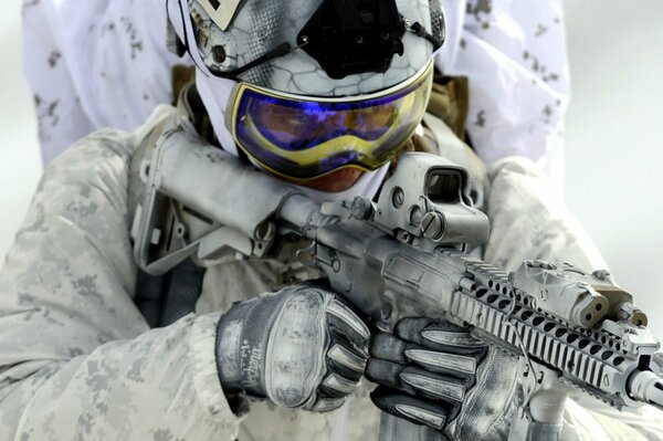 White-gray image of a soldier in winter