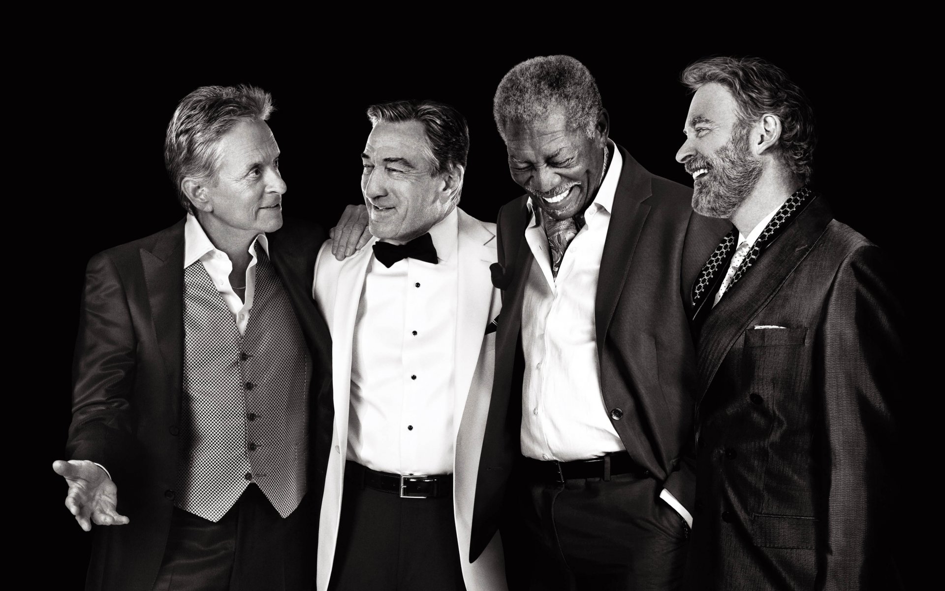 michael douglas robert de niro morgan freeman morgan freeman kevin kline actores celebridades disfraces cuatro starperters last vegas risa alegría blanco y negro fondo negro póster