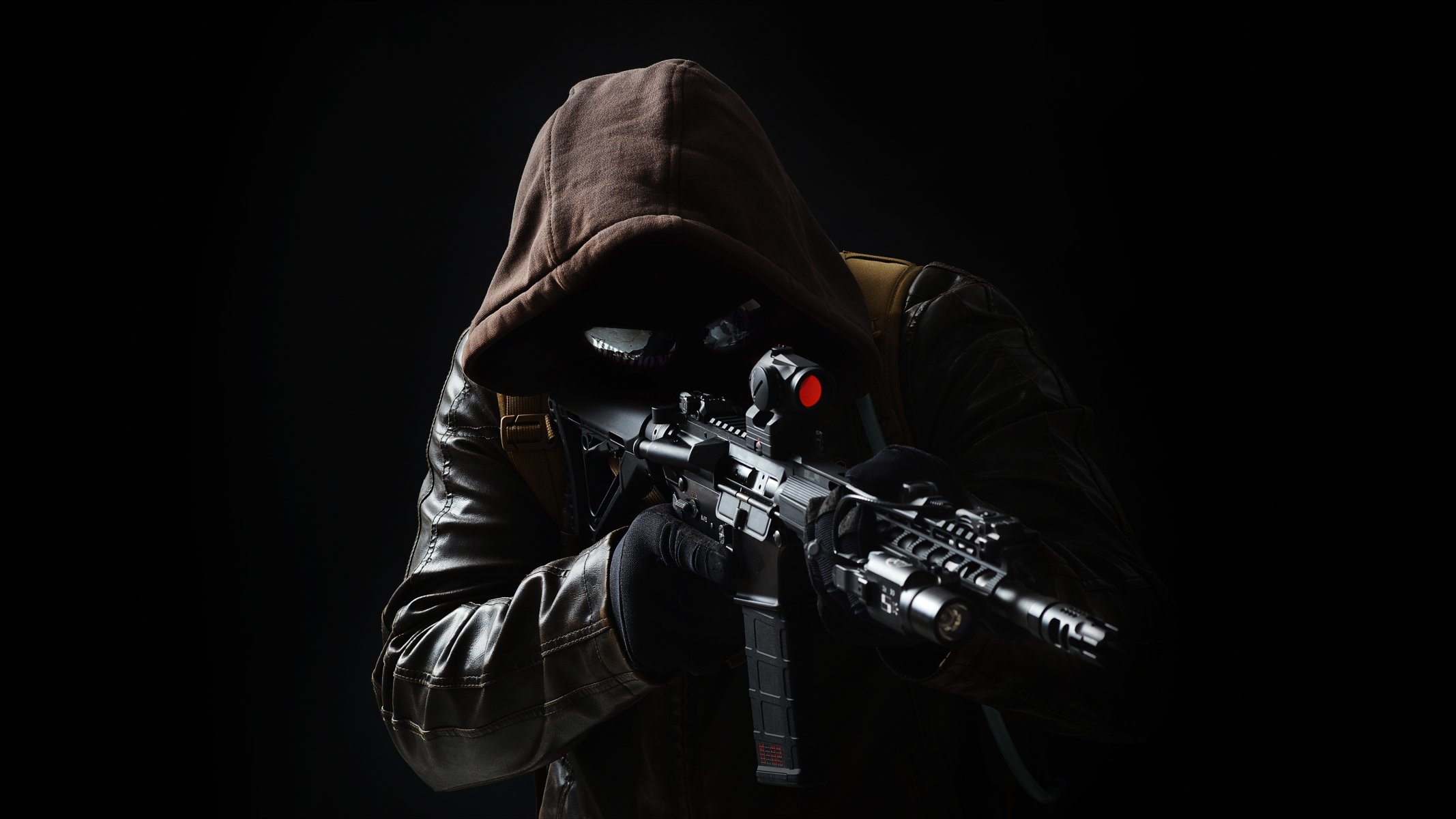 men hood leather jacket assault rifle weapon