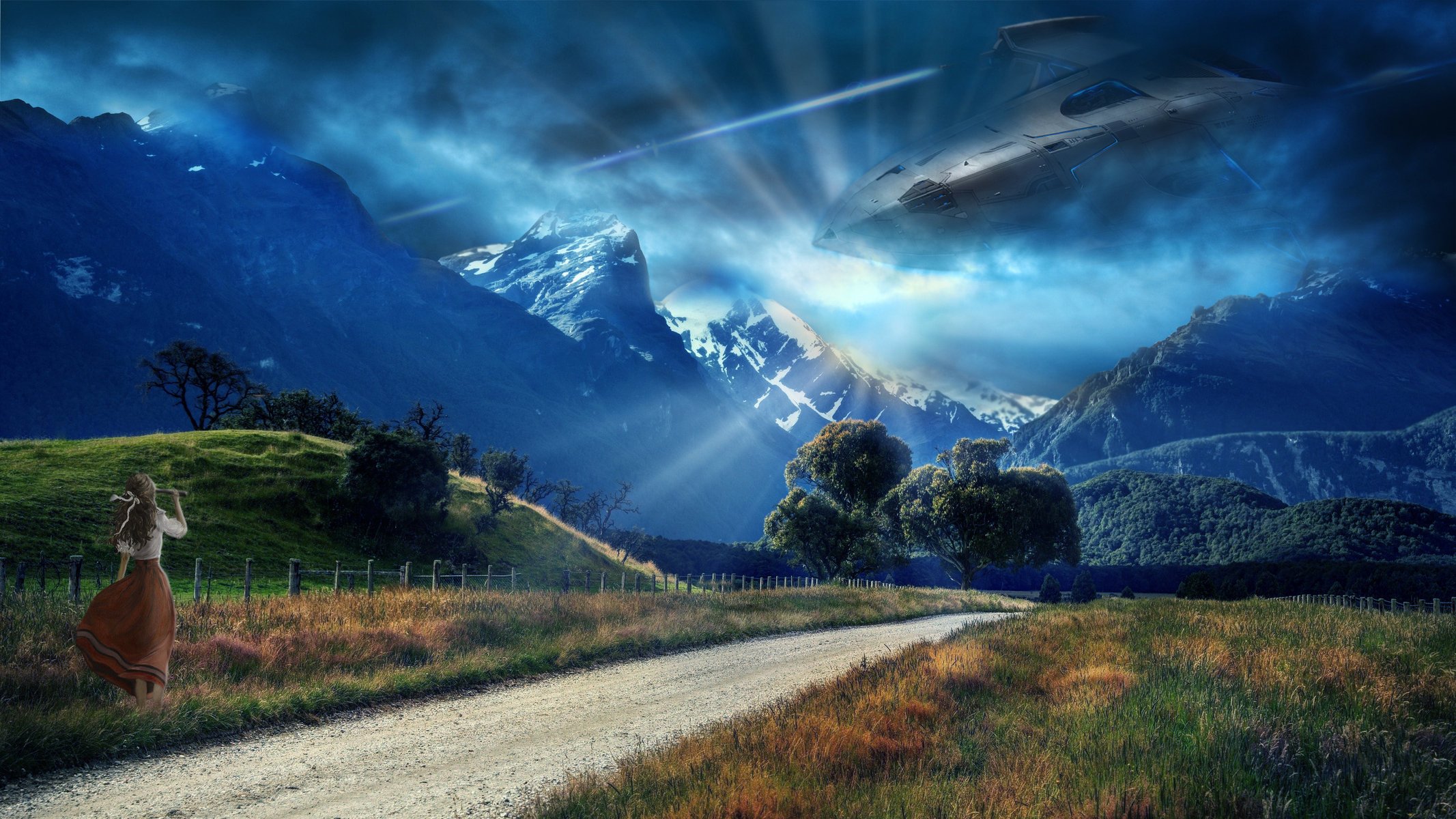 paceship mountains wallpaper clouds girl