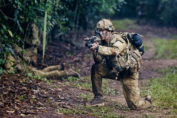 Bosque, carretera y soldados con armas