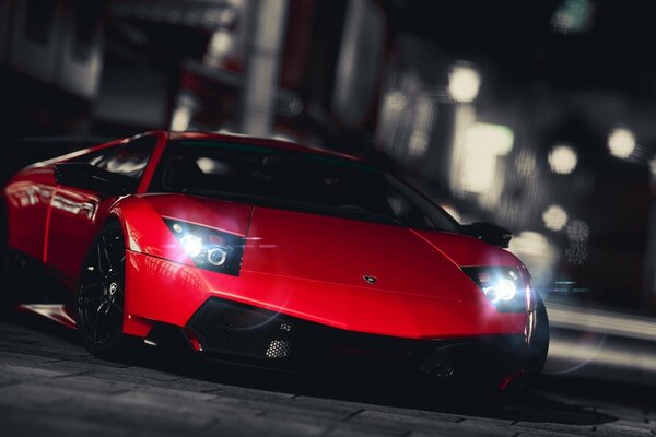 Red supercar on the background of the night city