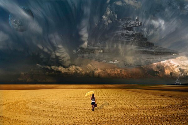 Una niña camina por el campo hacia una nave estelar