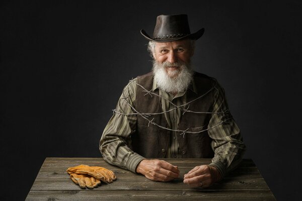 Foto del abuelo en la mesa de madera