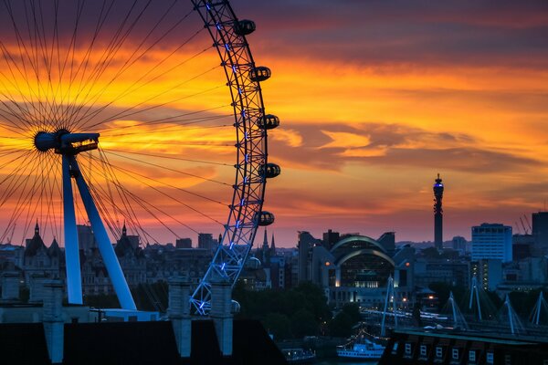 Sunset in London. City Ferris Wheel