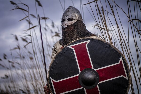 A warrior in chain mail with a round shield