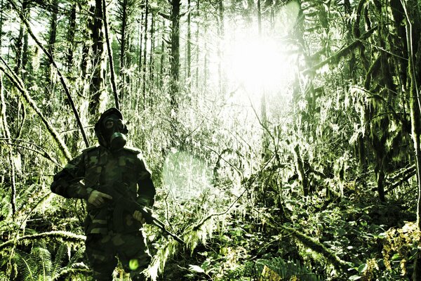 Military in camouflage in a dense forest