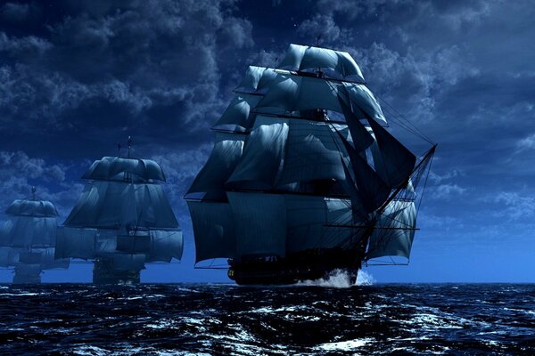 Un escuadrón de fragatas en el mar contra un cielo tormentoso