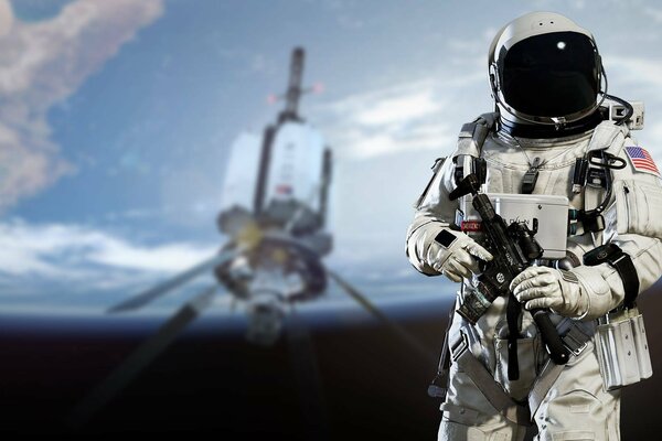Astronauta z bronią na innej planecie