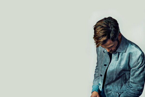 Chris Pine in a denim jacket for a fashion magazine photo shoot