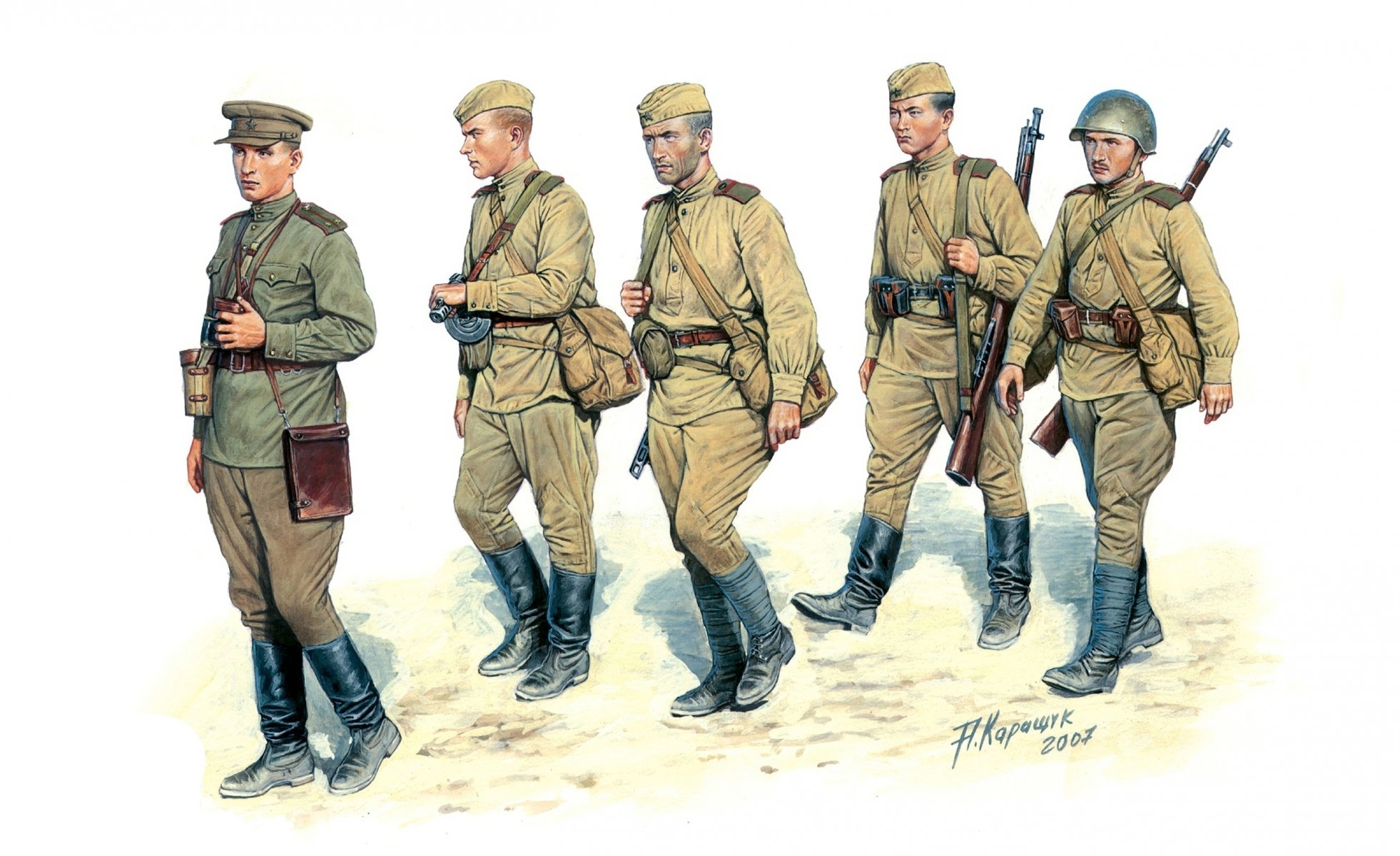 red army infantry soldiers men weapons drawing