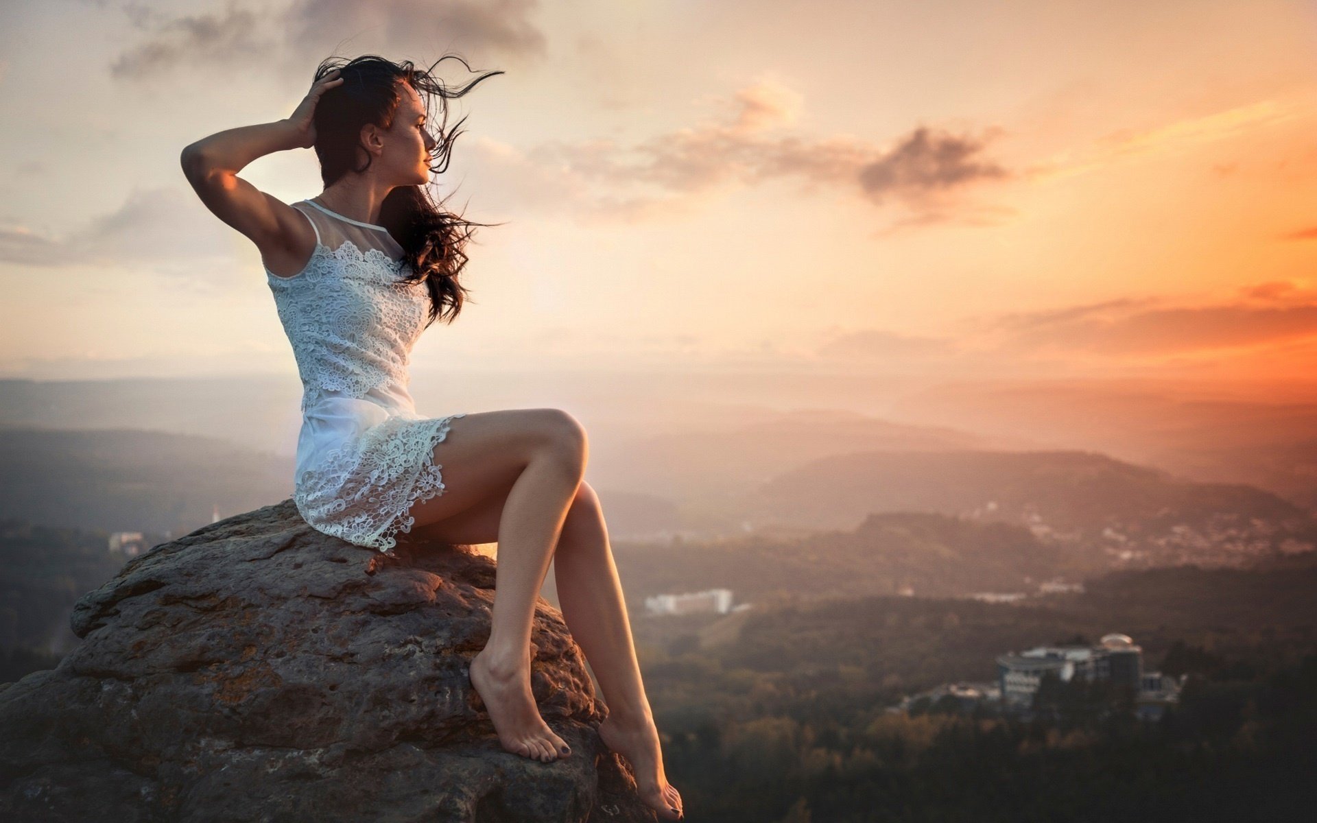 brown hair posing mountains stone beautiful