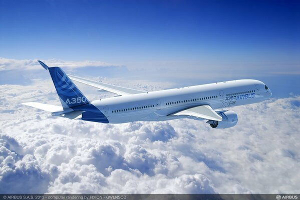 A passenger plane is flying above the clouds