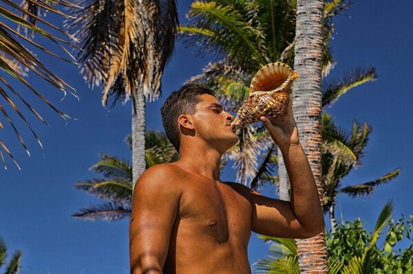 Ein gebräunter Kerl auf einem Hintergrund von Palmen hält eine Spüle