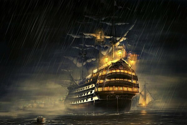Un grand navire navigue la nuit sous la pluie