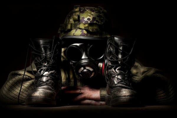 Camouflage boots gas mask fog