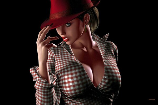 A girl with big breasts in a red hat