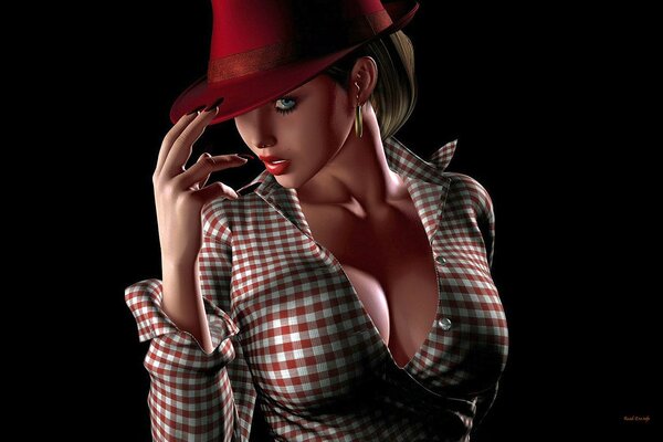 Dziewczyna z dużym biustem w czerwonym kapeluszu