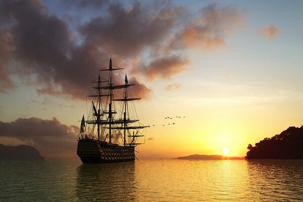 A big ship at sunset at sea