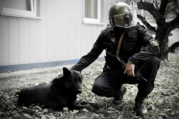 Spezialkräfte werden den Hund bügeln. Schwarz-Weiß-Foto