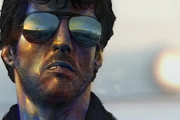 Portrait de Sylvester Stallone à lunettes noires