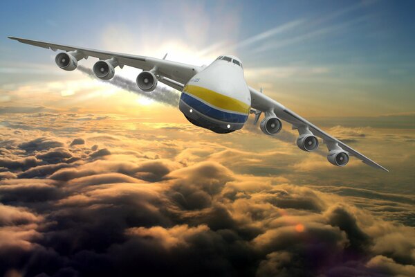 Duży samolot towarowy leci nad chmurami