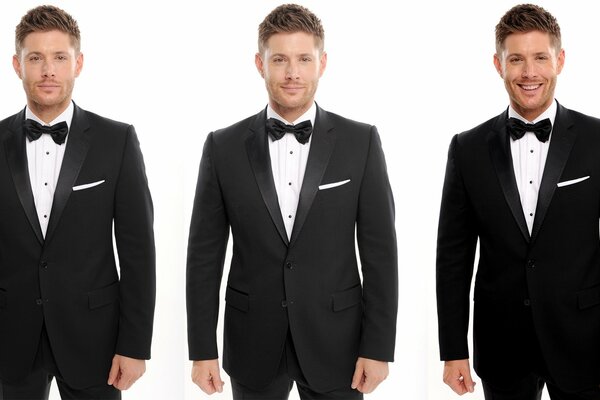 Photo shoot of Jensen in a tuxedo with a bow tie