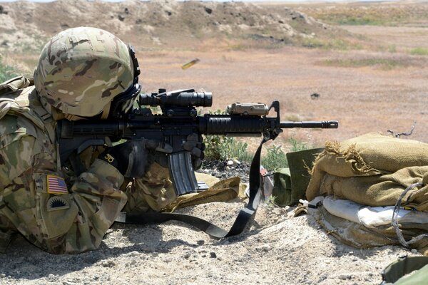 An ordinary soldier of the US Marine Corps in an ambush