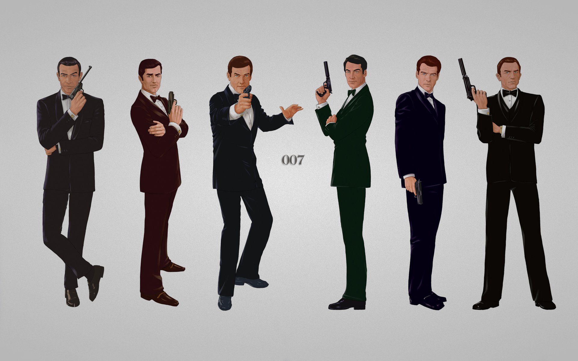 james bond pistolety garnitury sześć osób bondiana sean connery lazenby roger moore george timothy dalton pierce brosnan daniel craig szare tło napis agent 007