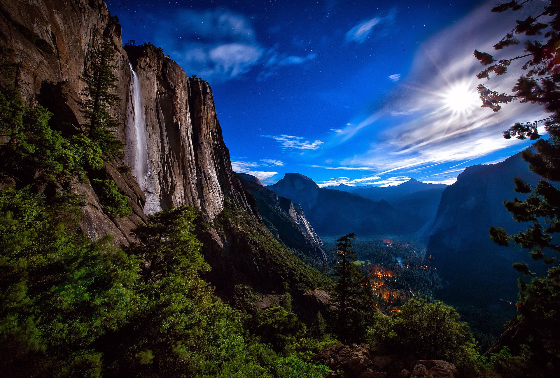 yosemite national park night the moon usa waterfall