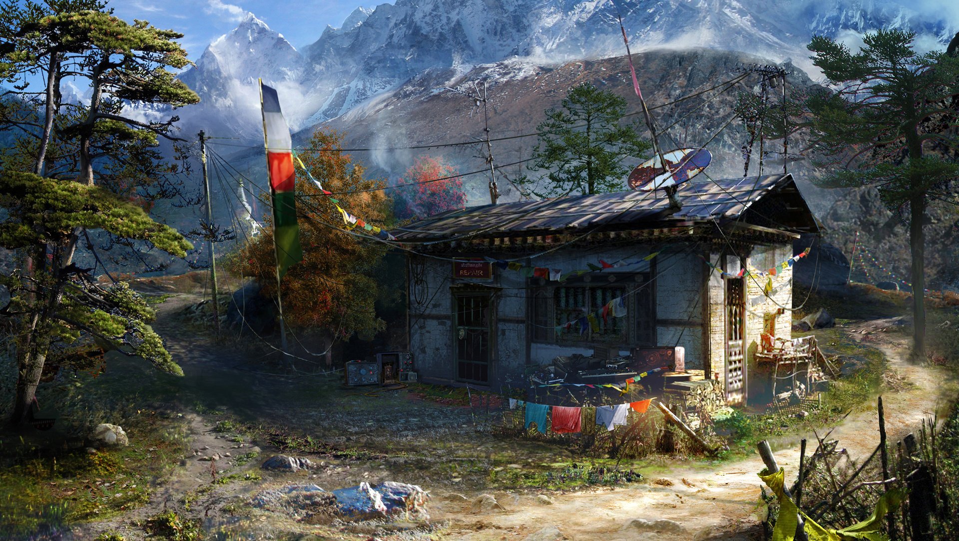 far cry 4 spiel berge basis haus grün landschaft fahnen