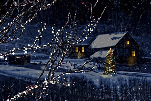 Новогодняя зимняя ночь с фонариками возле домиков и елей
