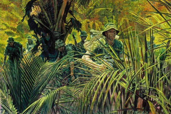 Рисунок солдат в красочных джунглях