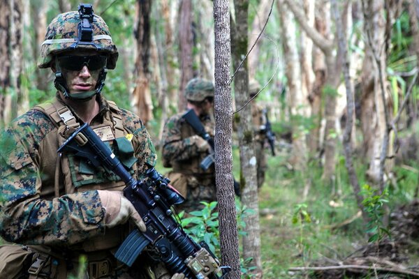 Soldiers with weapons in the forest