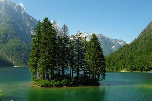 A skeleton in the middle of a lake among a mountain range in summer