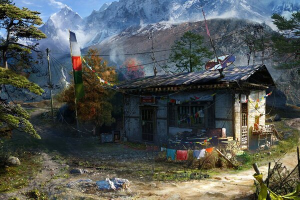 Petite maison dans les montagnes près du sentier entouré d arbres