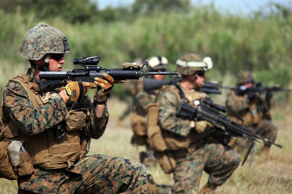 Soldats dans le komuflage sur fond d arbres dans le champ avec des armes