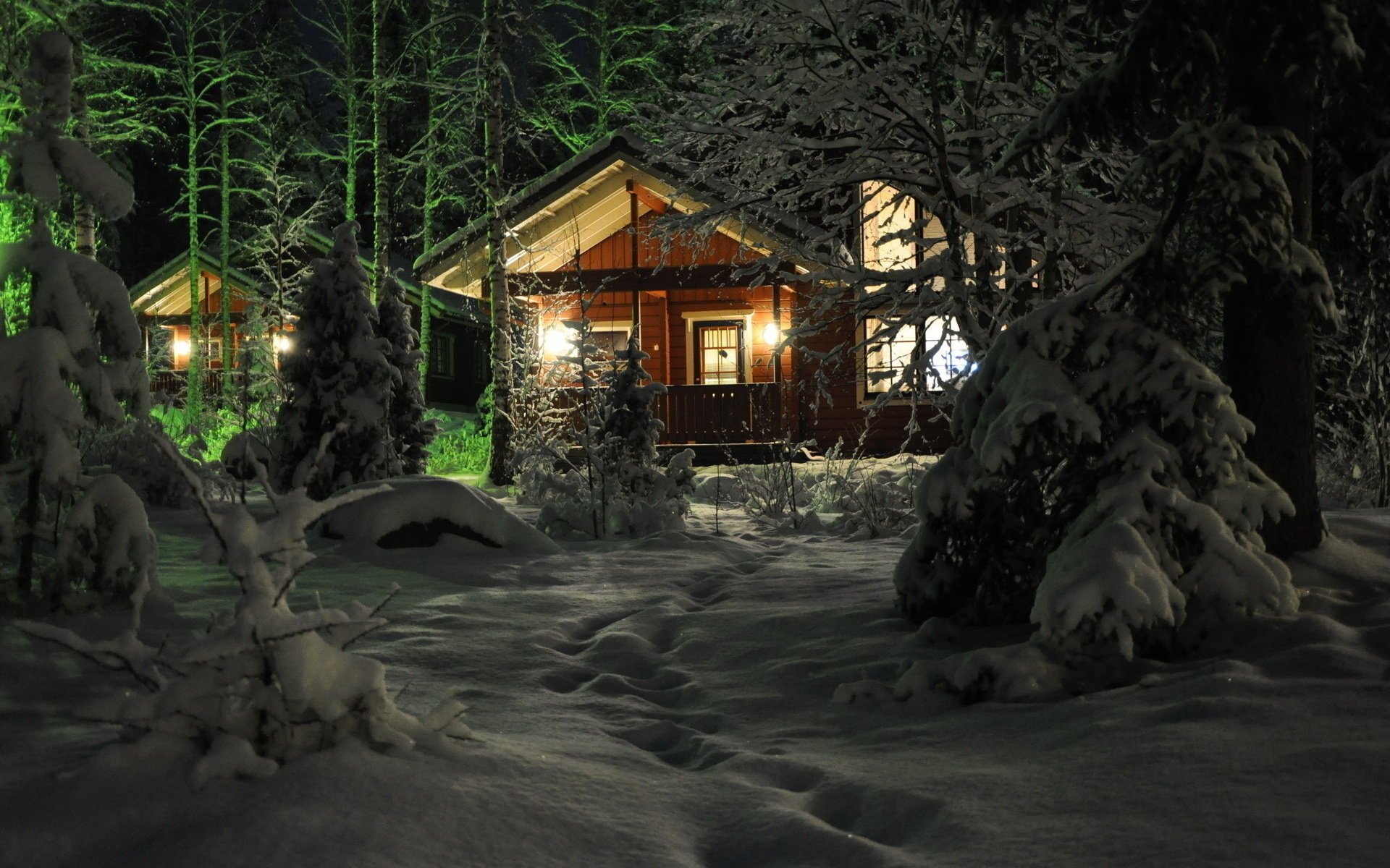 forêt neige hiver maisons nuit