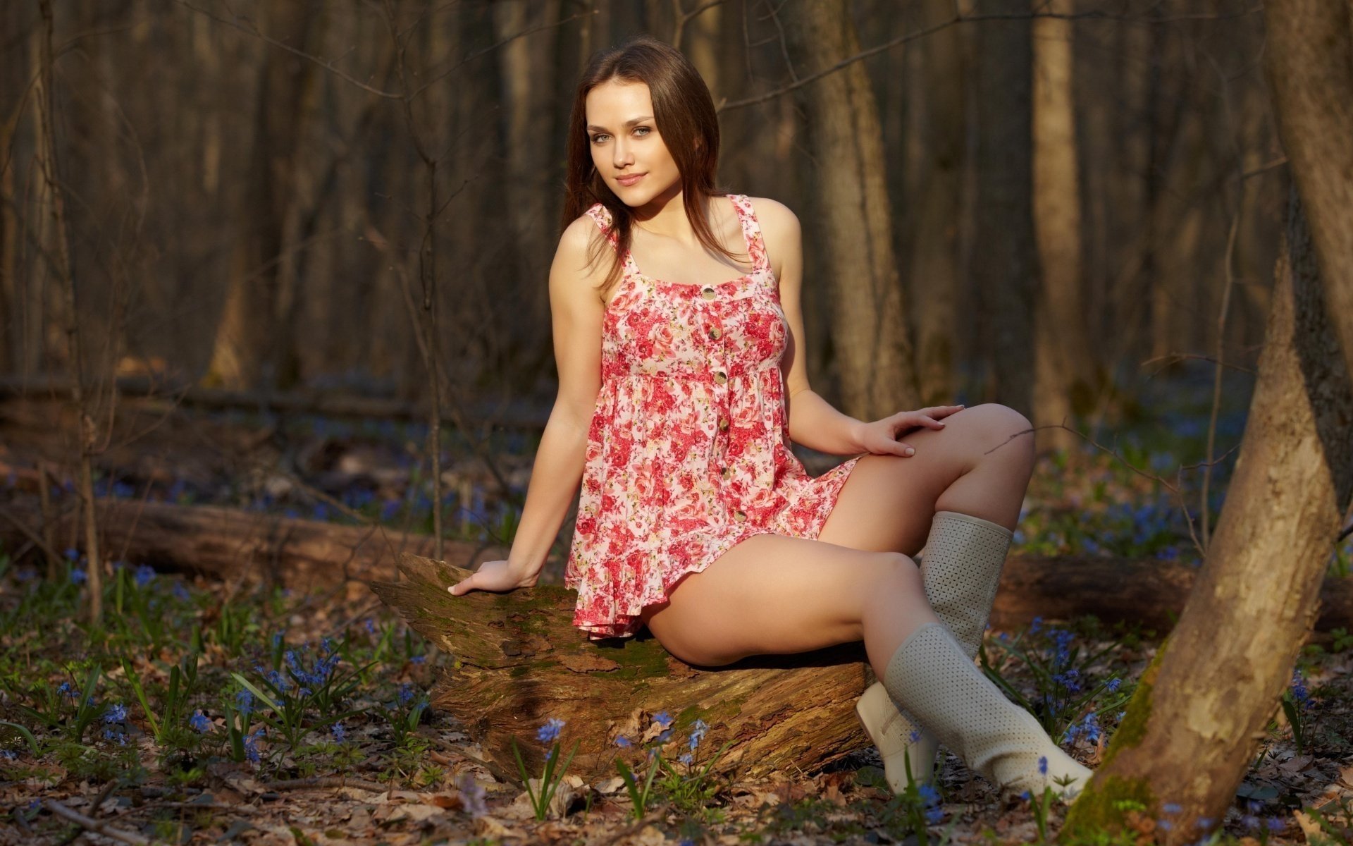 flowers beautiful girl forest spring nature