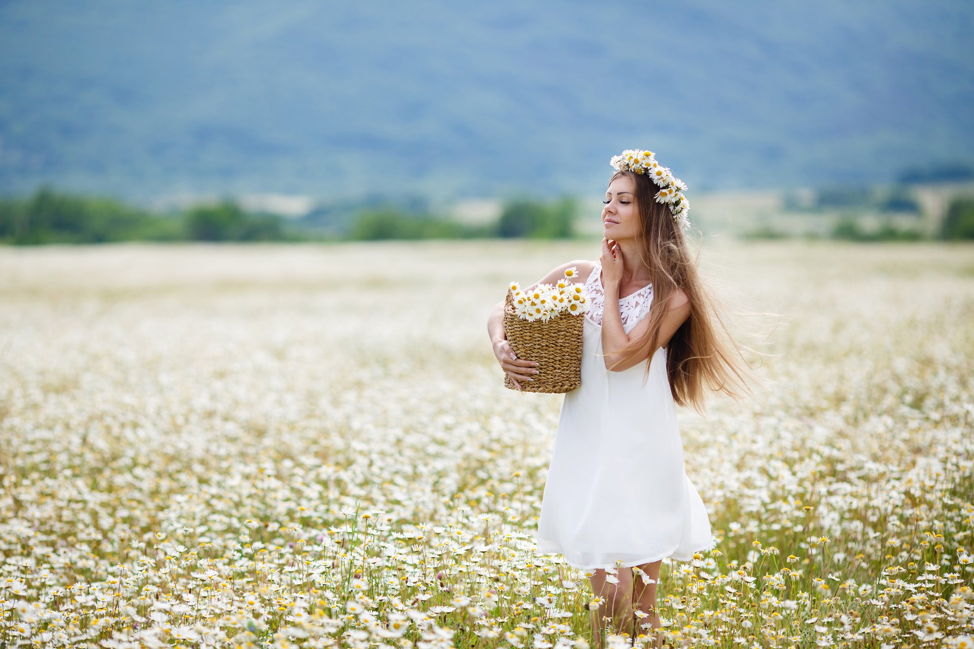 flowers girl brown hair field chamomile basket