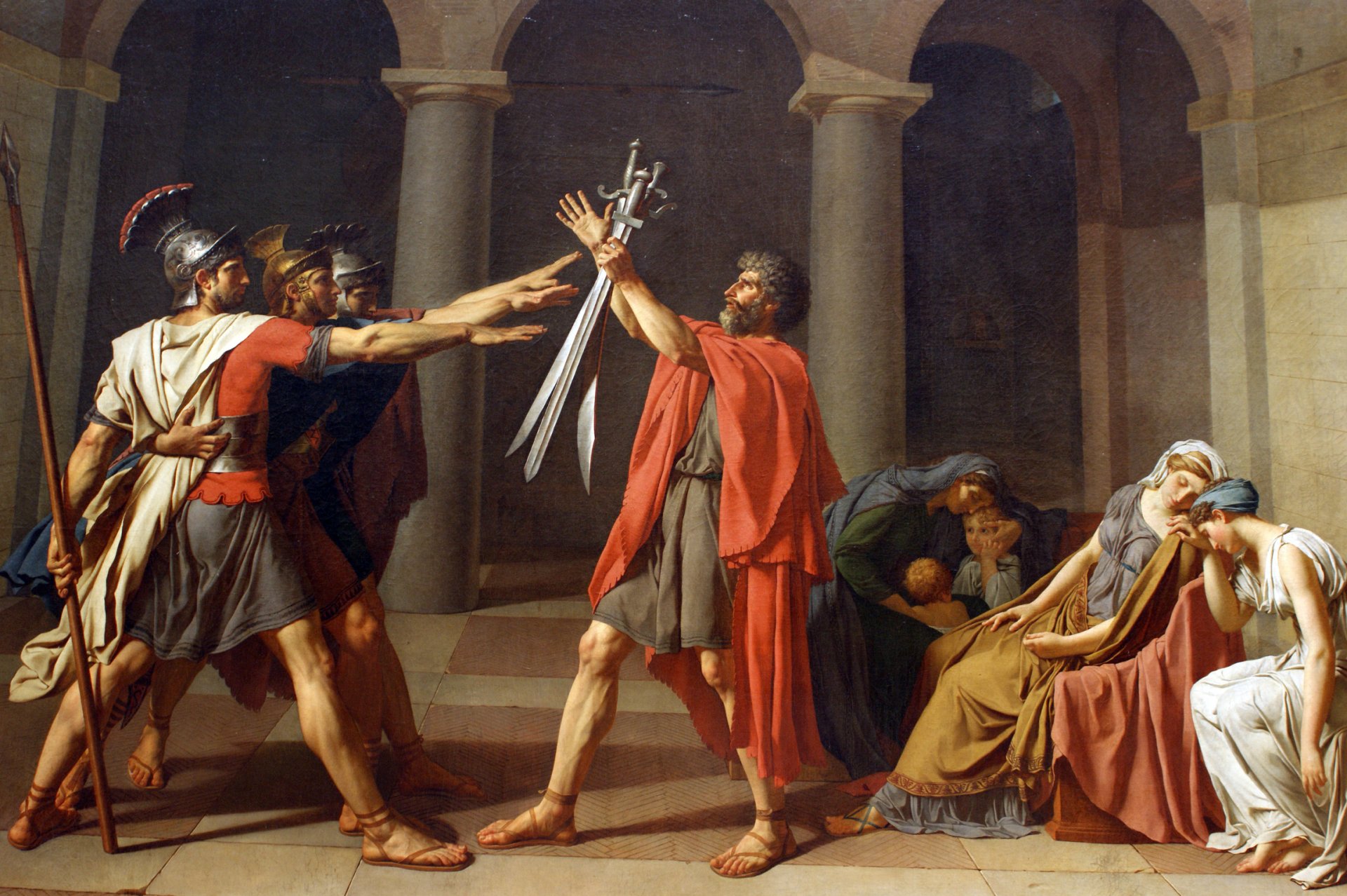 le serment de horaces jacques-louis david pittura giuramento fratelli roma jacques louis david neoclassicismo pittura giuramento degli orazi mariti mogli madre spade