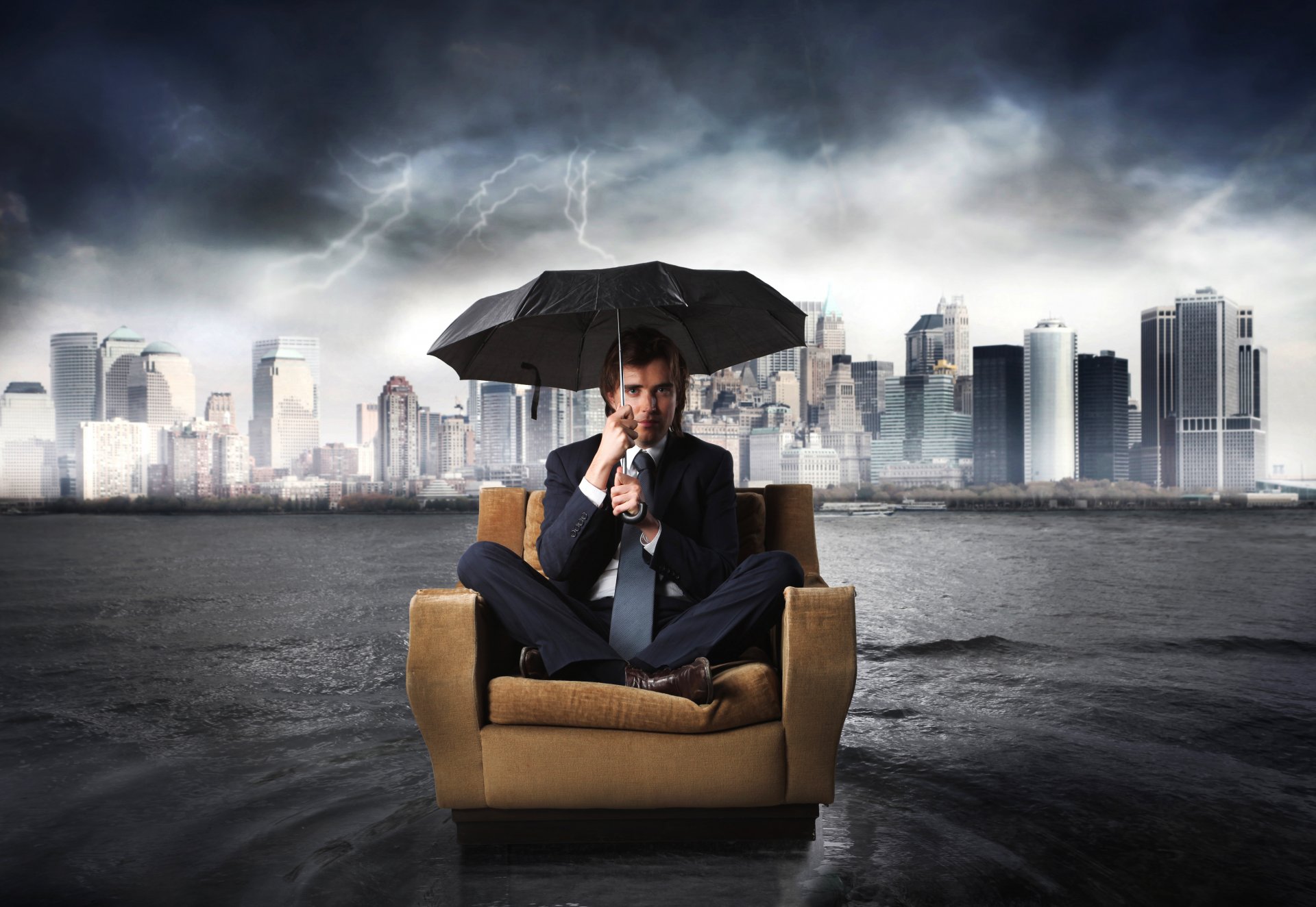 men suit necktie chair umbrella rain town lightning water