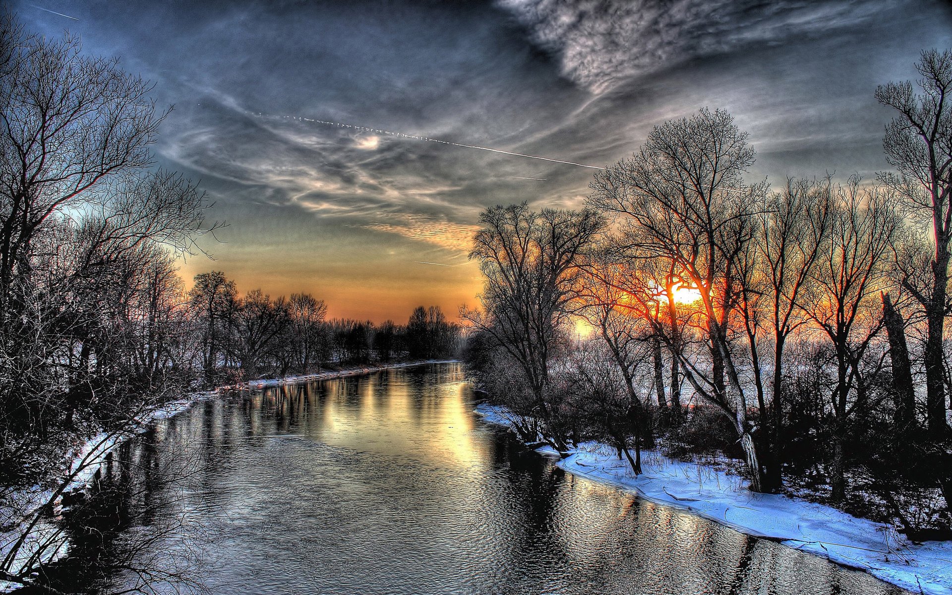 rivière arbres hiver neige coucher de soleil